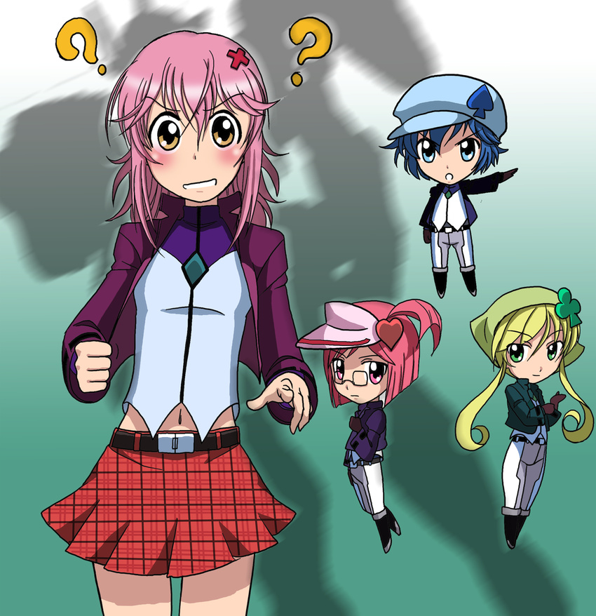 celestial_being_uniform chibi cosplay guardian_chara gundam gundam_00 hair_ornament highres hinamori_amu kakkii lockon_stratos lockon_stratos_(cosplay) miki_(shugo_chara!) multiple_girls navel parody pink_hair ran_(shugo_chara!) setsuna_f_seiei setsuna_f_seiei_(cosplay) shugo_chara! sumeragi_lee_noriega sumeragi_lee_noriega_(cosplay) suu_(shugo_chara!) tieria_erde tieria_erde_(cosplay)