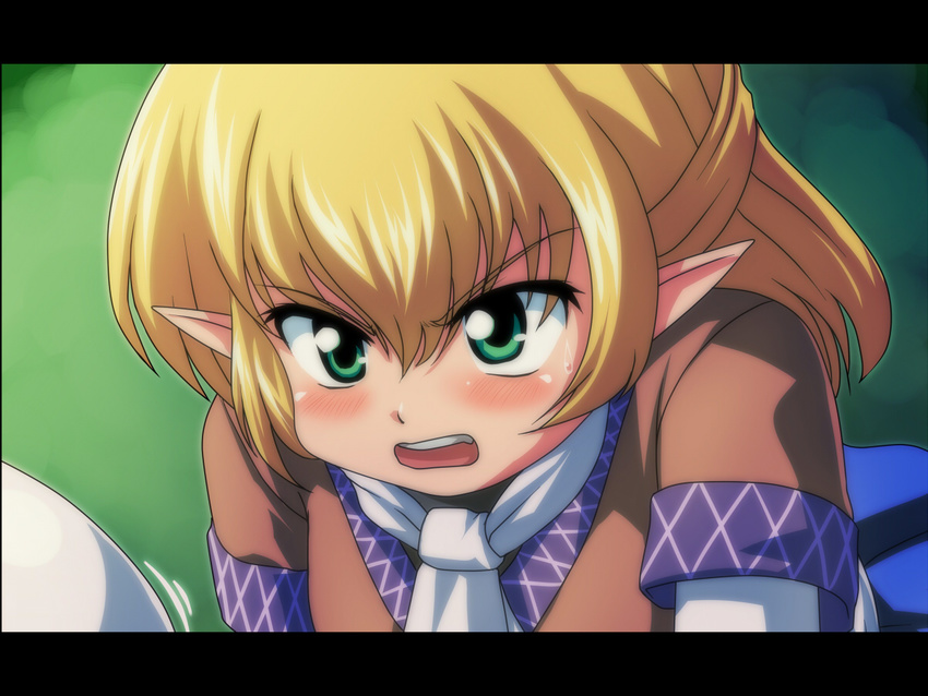 anime_coloring annoyed blonde_hair blush breast_envy close-up face fake_screenshot green_eyes half_updo letterboxed mizuhashi_parsee open_mouth pointy_ears short_hair solo tdk touhou