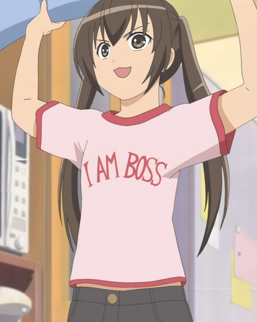 :d arms_up brown_eyes brown_hair chestnut_mouth highres i_am_boss long_hair magnet microwave minami-ke minami_kana open_mouth pants pink_shirt refrigerator screencap shelf shirt smile solo stitched third-party_edit twintails v-shaped_eyebrows