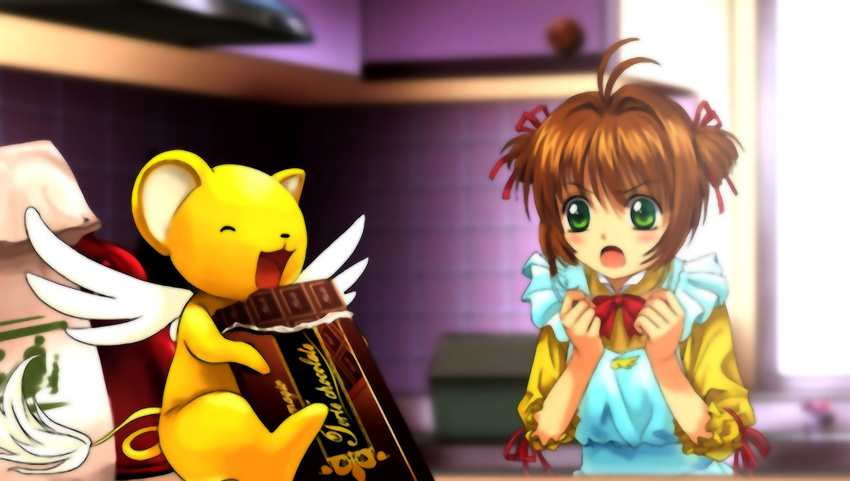 angel_wings angry apron blush brown_hair cardcaptor_sakura chocolate chocolate_bar closed_eyes eating green_eyes indoors kero kinomoto_sakura kitchen mutsuki_(moonknives) non-web_source open_mouth short_hair window wings