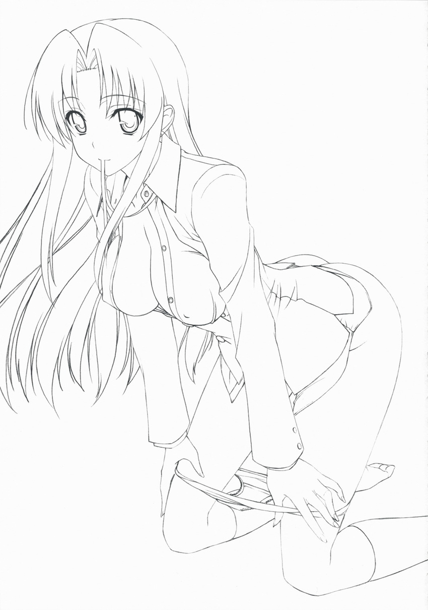 artist_request breasts covered_nipples greyscale highres kawashima_ami kneeling large_breasts monochrome mouth_hold open_clothes open_shirt panties panty_pull shirt sketch socks solo toradora! underwear
