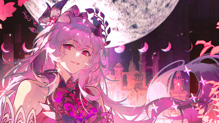 1girl absurdres bare_shoulders breasts castle chinese_commentary commentary_request crescent_moon cyrene_(demiurge)_(honkai:_star_rail) cyrene_(honkai:_star_rail) diamond-shaped_pupils diamond_(shape) dress full_moon highres honkai:_star_rail honkai_(series) irontomb long_hair looking_at_viewer medium_breasts moon purple_dress purple_eyes purple_hair smile solo symbol-shaped_pupils upper_body very_long_hair zhui_ming_jin_ge