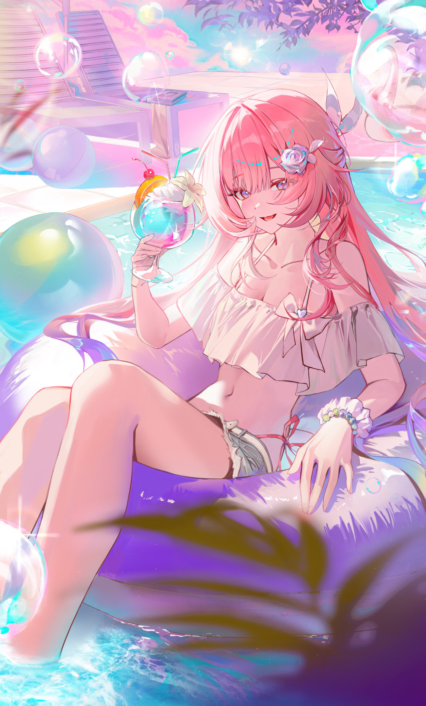 1girl absurdres alternate_costume bare_shoulders breasts bubble cleavage commentary cup cyrene_(demiurge)_(honkai:_star_rail) cyrene_(honkai:_star_rail) drinking_glass english_commentary flower hair_flower hair_ornament highres holding holding_cup honkai:_star_rail honkai_(series) innertube long_hair looking_at_viewer navel open_mouth pink_hair purple_eyes smile solo stomach swim_ring totomong whipped_cream