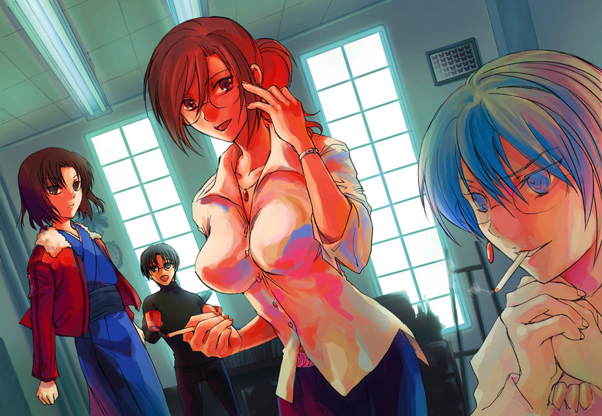 3girls aozaki_touko bad_id bad_pixiv_id blue_hair breasts cigarette cup dual_persona glasses impossible_clothes impossible_shirt jacket japanese_clothes kara_no_kyoukai kimono kokutou_mikiya large_breasts long_hair mug multiple_girls nichiru obi ponytail red_hair red_jacket ryougi_shiki sash shirt short_hair sleeves_folded_up smile smoking