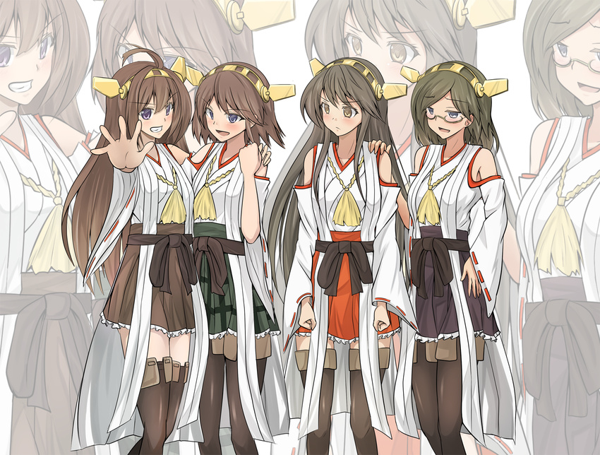 4koma ahoge bare_shoulders black_hair blue_eyes boots brown_hair comic detached_sleeves glasses grin hair_ornament hairband hand_on_another's_shoulder haruna_(kantai_collection) headgear hiei_(kantai_collection) highres japanese_clothes kantai_collection kirishima_(kantai_collection) kongou_(kantai_collection) long_hair multiple_girls nontraditional_miko open_mouth shamisen_(syami_sen) short_hair skirt smile thigh_boots thighhighs zettai_ryouiki zoom_layer