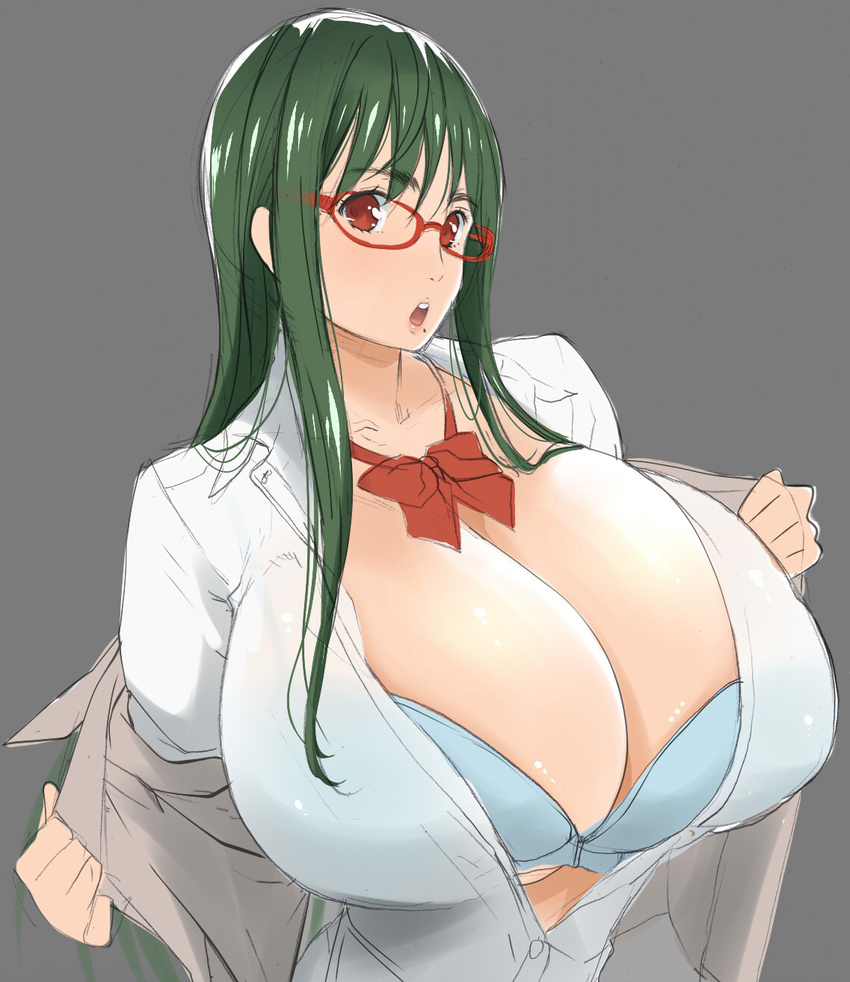 1girl bra breasts cleavage collarbone female gigantic_breasts glasses green_hair jacket kloah long_hair necktie open_clothes open_jacket open_mouth open_shirt otsuka_ren red_eyes ribbon shiny shirt solo teeth underwear