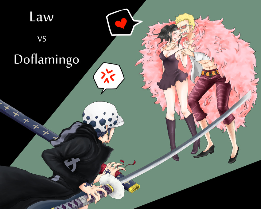 1girl 2boys absurdres angry black_dress black_hair blonde_hair blush boots character_name donquixote_doflamingo dress feather_boa heart highres multiple_boys nico_robin nodachi one_piece ponytail shichibukai short_dress sunglasses sword tongue tongue_out trafalgar_law weapon yuri_(wakayuri)