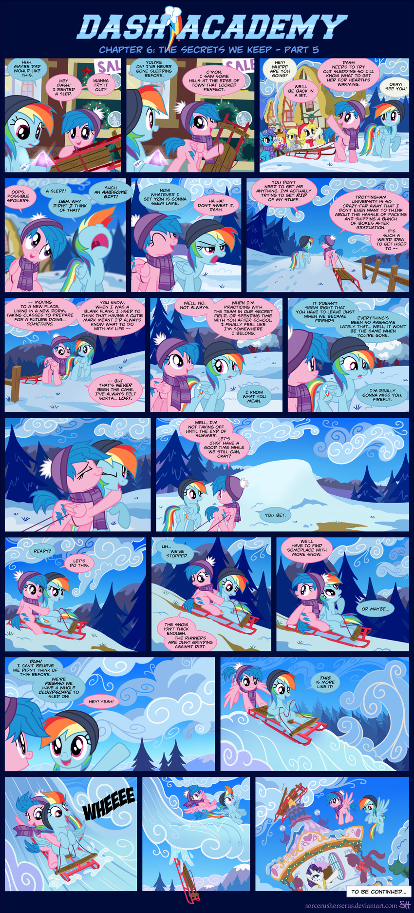 blonde_hair blue_hair comic cutie_mark derpy_hooves_(mlp) dialog english_text equine female feral firefly_(mlp) flying friendship_is_magic glowing hair hat horn horse house hug levitation magic mammal multi-colored_hair my_little_pony outside pegasus pony purple_eyes rainbow_dash_(mlp) rainbow_hair rarity_(mlp) scarf sled snow sorcerushorserus sparkles surprise_(mlp) text unicorn wings winter yellow_eyes