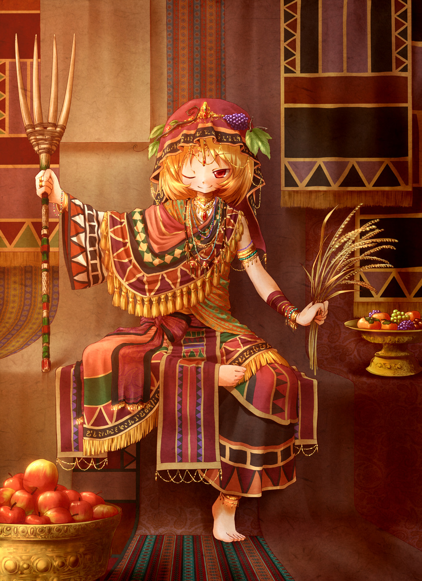absurdres aki_minoriko alternate_costume anklet apple arinu aztec barefoot blonde_hair bowl bracelet food fruit grapes hat highres holding indian_clothes jewelry leaf looking_at_viewer necklace one_eye_closed persimmon rug sari shawl short_hair sitting smile solo staff touhou tribal wheat yellow_eyes