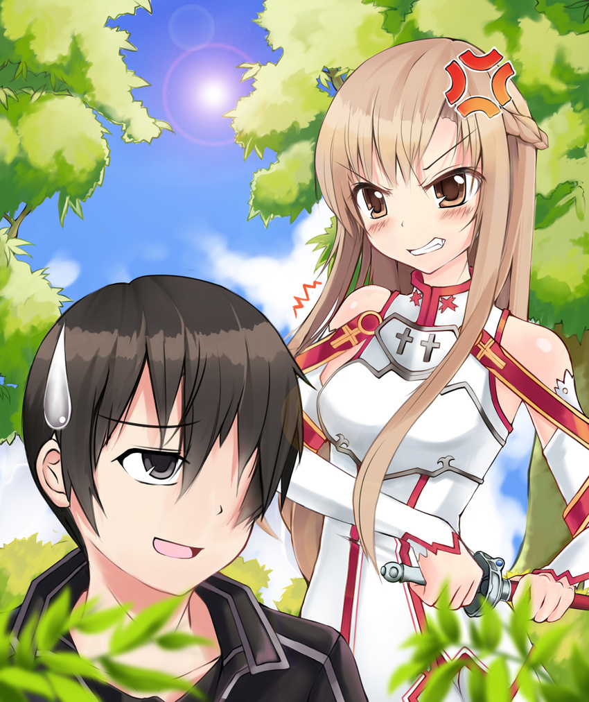 1boy 1girl anger_vein angry armor artist_request asuna_(sao) bare_shoulders beiju black_eyes black_hair blush brown_eyes brown_hair clenched_teeth fang hair_over_one_eye half_updo highres kirito long_hair open_mouth ready_to_draw sheath sheathed short_hair smile sweatdrop sword sword_art_online teeth weapon