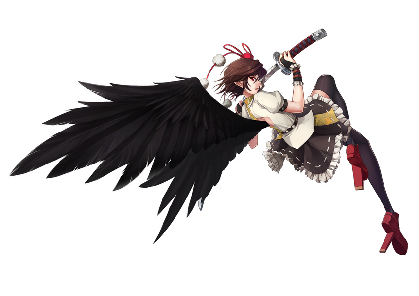 brown_hair gloves hat katana pointed_ears red_eyes shameimaru_aya shinebell short_hair sword thighhighs touhou weapon white wings