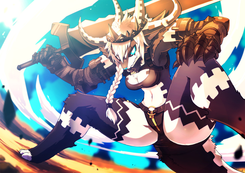 black_fur blue_eyes blue_nose breasts cleavage clothed clothing crouching crown dragon female fur hair horn looking_at_viewer low-angle_shot reituki solo spread_legs spreading sword thighs weapon white_fur white_hair worm's-eye_view