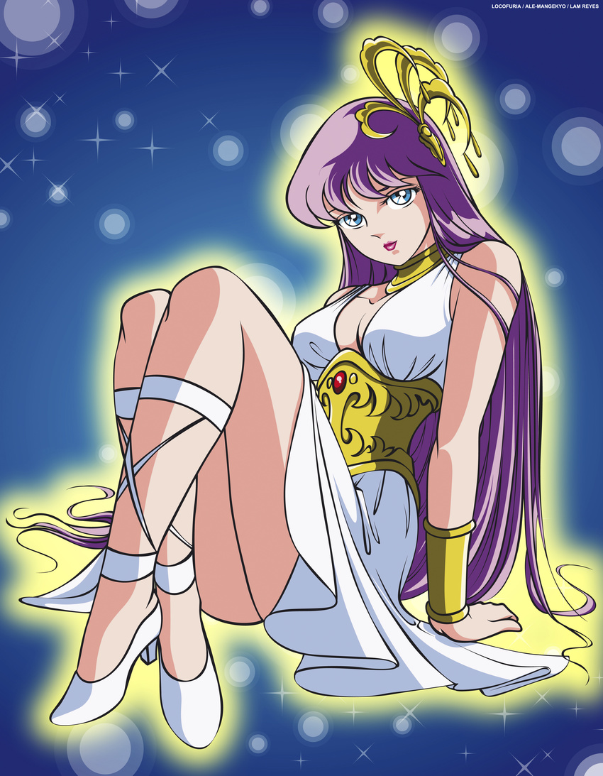 1girl absurdres ass athena breasts busty green_eyes high_res highres jewelry kido_saori legs long_hair long_image lots_of_jewelry photoshop purple_hair saint_seiya smile solo thighs vector_trace