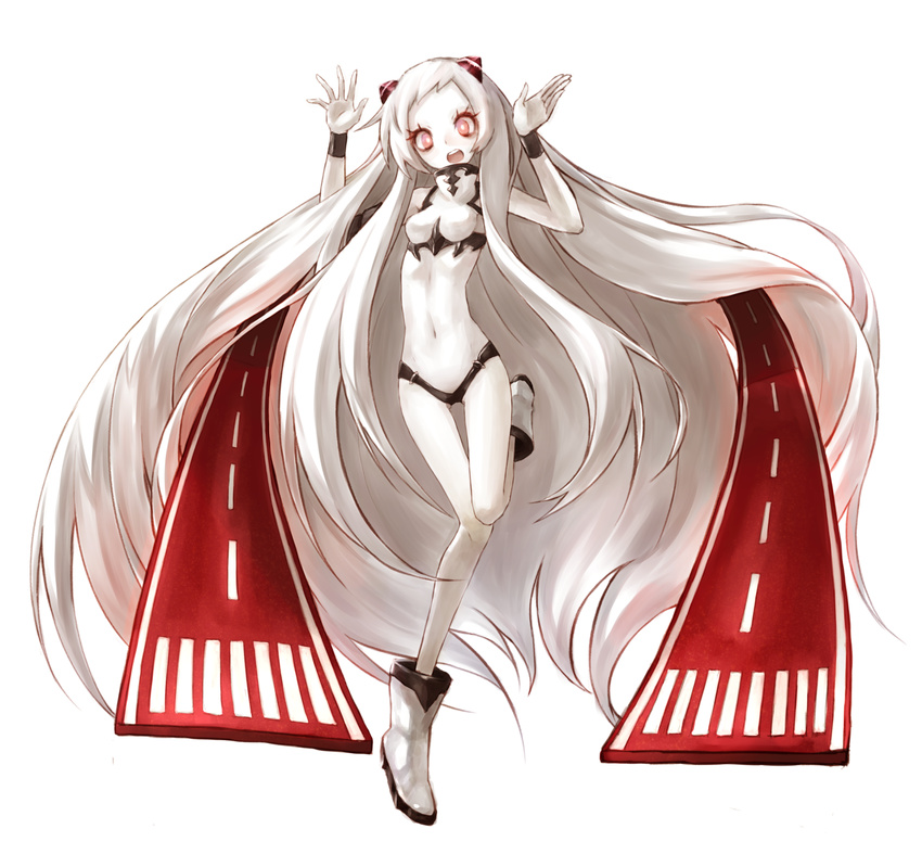 absurdly_long_hair airfield_hime ankle_boots bad_id bad_pixiv_id boots buran_(kure) full_body highres horns kantai_collection long_hair open_mouth red_eyes shinkaisei-kan solo very_long_hair white_footwear white_hair