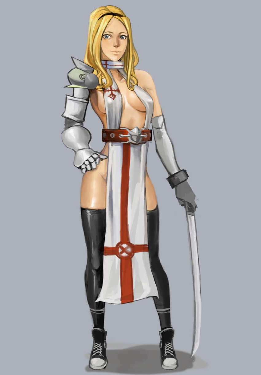 alternate_costume bad_id bad_pixiv_id belt black_hair blonde_hair blue_eyes breasts gauntlets gloves hair_ornament highres hirundo_rustica knights_templar league_of_legends long_hair luxanna_crownguard mismatched_gloves no_bra no_panties nose shoes sideboob sneakers solo sword tabard thighhighs weapon