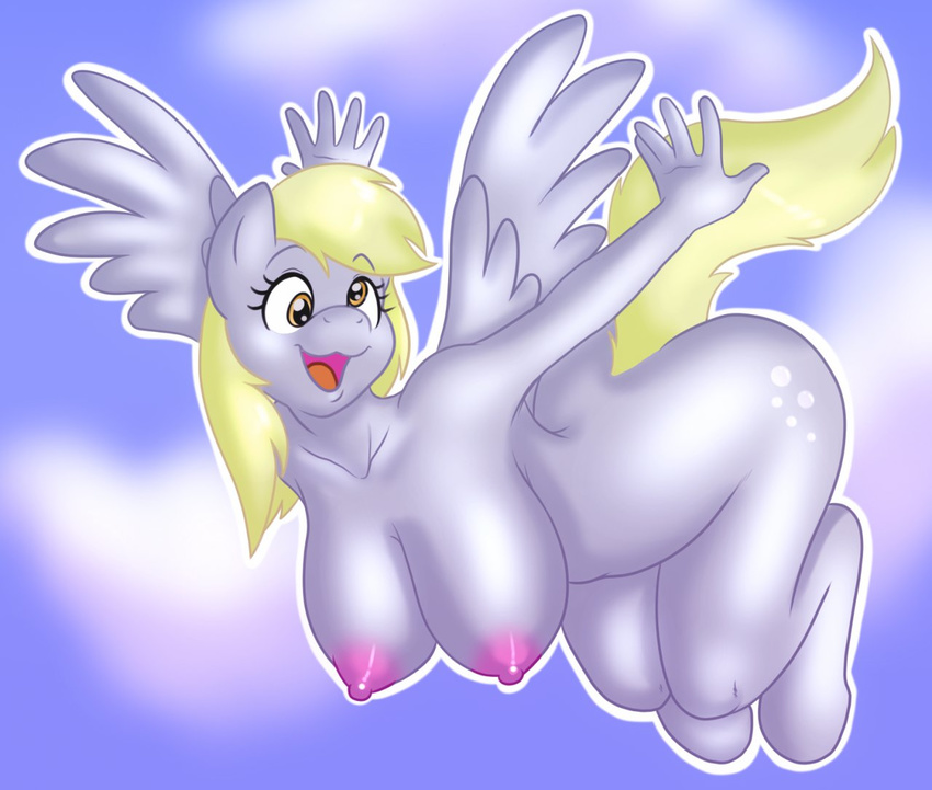 anthro anthrofied areola big_breasts blonde_hair breasts cutie_mark derpy_hooves_(mlp) equine female flying friendship_is_magic fur grey_fur hair hanging_breasts happy horse mammal my_little_pony nipples nude outside pegasus pony skidd solo wings yellow_eyes