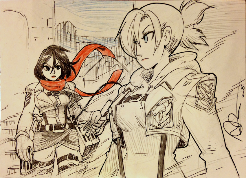 alex_ahad annie_leonhardt black_hair blue_eyes breasts cropped_jacket emblem hood hoodie lipstick makeup medium_breasts mikasa_ackerman military_police_brigade_(emblem) multiple_girls paradis_military_uniform red_scarf scarf shingeki_no_kyojin short_hair short_ponytail signature sketch skirt spot_color survey_corps_(emblem) suspenders thigh_strap three-dimensional_maneuver_gear