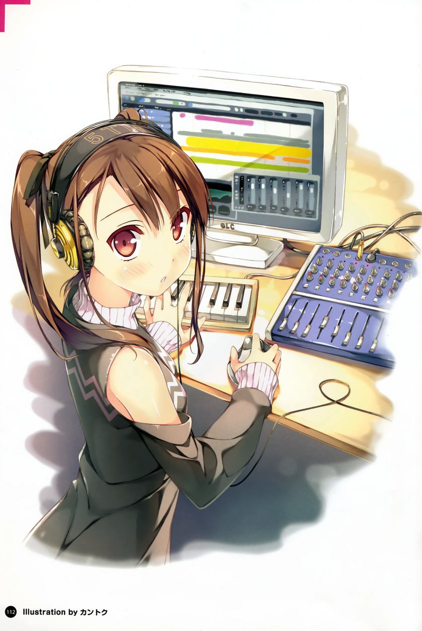absurdres brown_hair computer detached_sleeves headphones highres instrument jacket kantoku keyboard_(instrument) mixing_console monitor mouse_(computer) music original playing_instrument red_eyes solo sweater synthesizer table turtleneck twintails