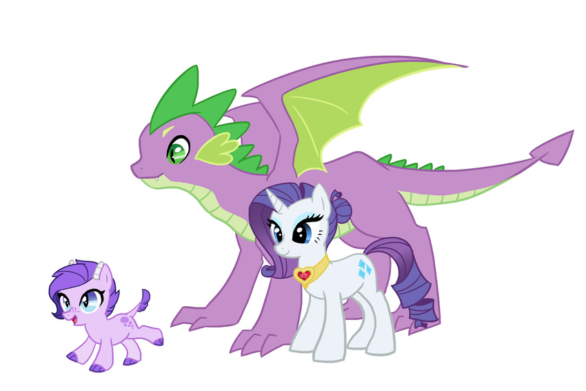 crossbreed crystal_clarity cutie_mark dragon equine family female friendship_is_magic fur green_eyes group hair hi_res horn horse hybrid kilala97 kirin male mammal my_little_pony original_character plain_background pony purple_hair rarity_(mlp) smile spike_(mlp) unicorn white_background white_fur wings young