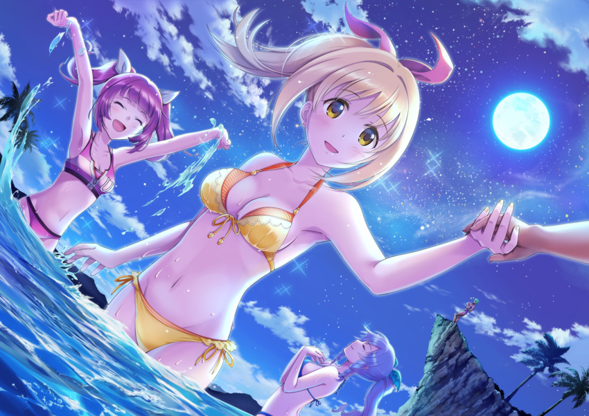 absurdres bikini blonde_hair blue_hair closed_eyes highres long_hair marin_(umi_monogatari) multiple_girls ocean ponytail purple_hair short_hair smile swimsuit taccomm twintails umi_monogatari urin_(umi_monogatari) warin water yellow_eyes