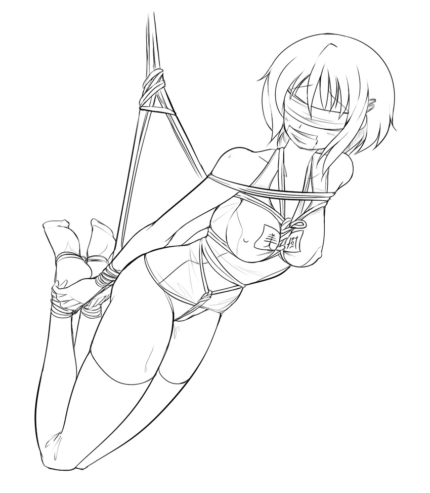 arms_behind_back bdsm blindfold bondage bound bound_ankles bound_feet bound_wrists breast_bondage breasts covered_nipples crotch_rope gag gagged greyscale hair_ornament hairclip highres hogtie improvised_gag large_breasts lineart mahou_shoujo_madoka_magica maullarmaullar miki_sayaka monochrome one-piece_swimsuit pussy_juice rope school_swimsuit shibari short_hair solo suspension swimsuit tape tape_gag thighhighs