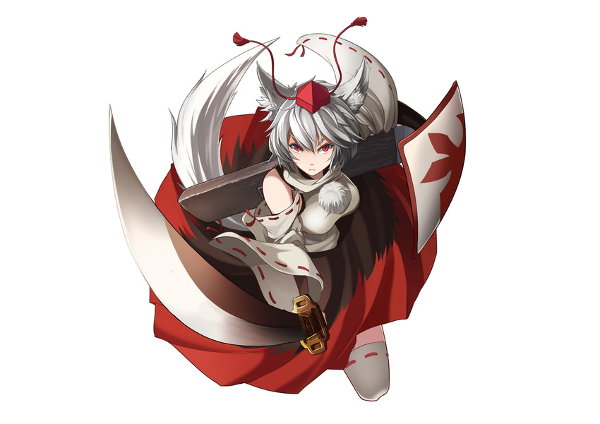 animal_ears bare_shoulders detached_sleeves hat highres inubashiri_momiji pom_pom_(clothes) red_eyes shield shinebell short_hair silver_hair simple_background skirt solo sword tail thighhighs tokin_hat touhou weapon white_background white_legwear wolf_ears wolf_tail