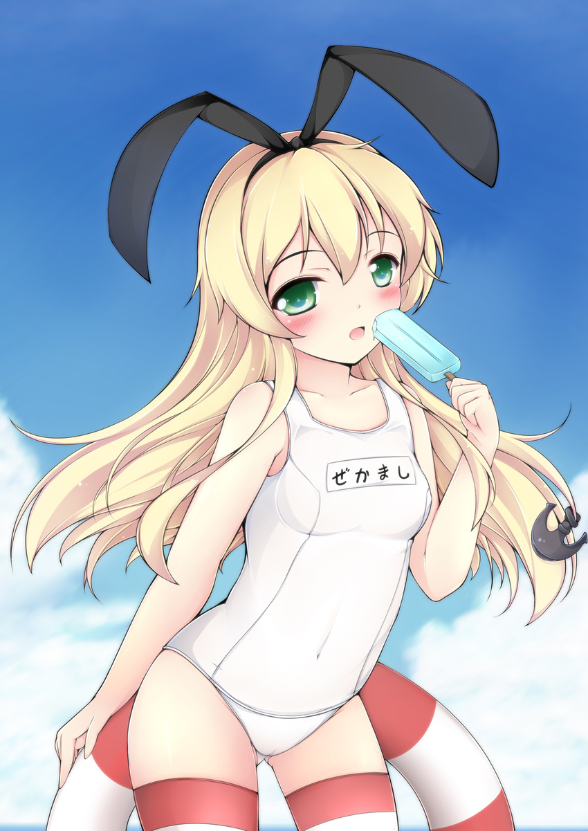 anchor blonde_hair chiyami day food green_eyes highres innertube kantai_collection long_hair one-piece_swimsuit popsicle school_swimsuit shimakaze_(kantai_collection) socks striped striped_legwear swimsuit thighhighs white_school_swimsuit white_swimsuit