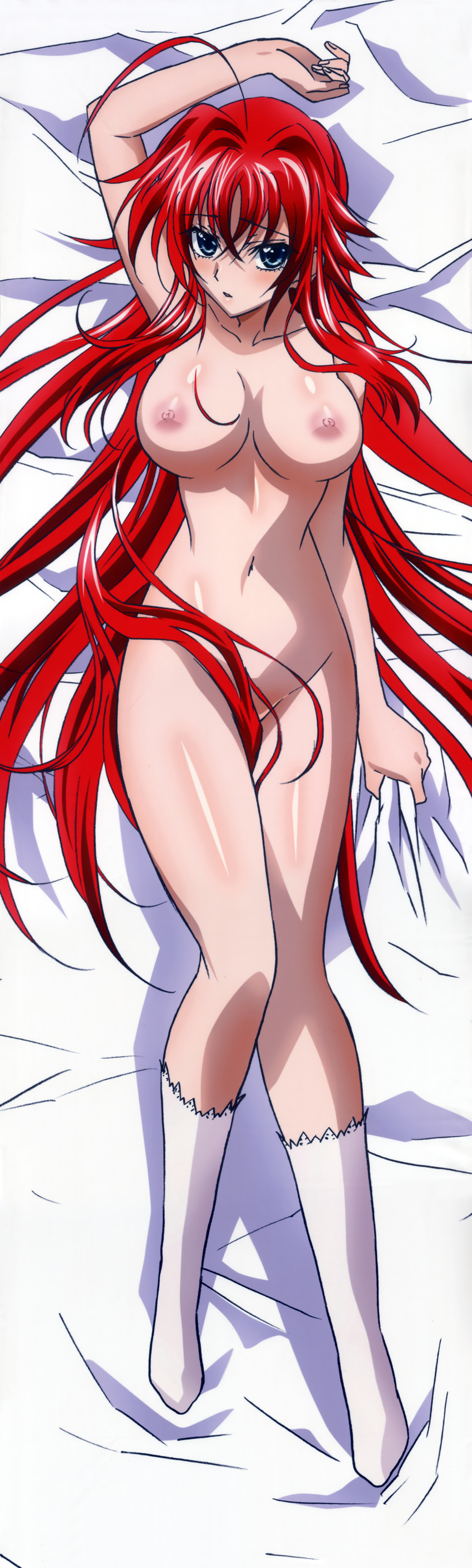 absurdres ahoge arm_up artist_request bed_sheet blue_eyes breasts censored convenient_censoring dakimakura high_school_dxd highres huge_ahoge huge_filesize large_breasts legs long_hair nipples nude red_hair rias_gremory sheet_grab socks solo white_legwear
