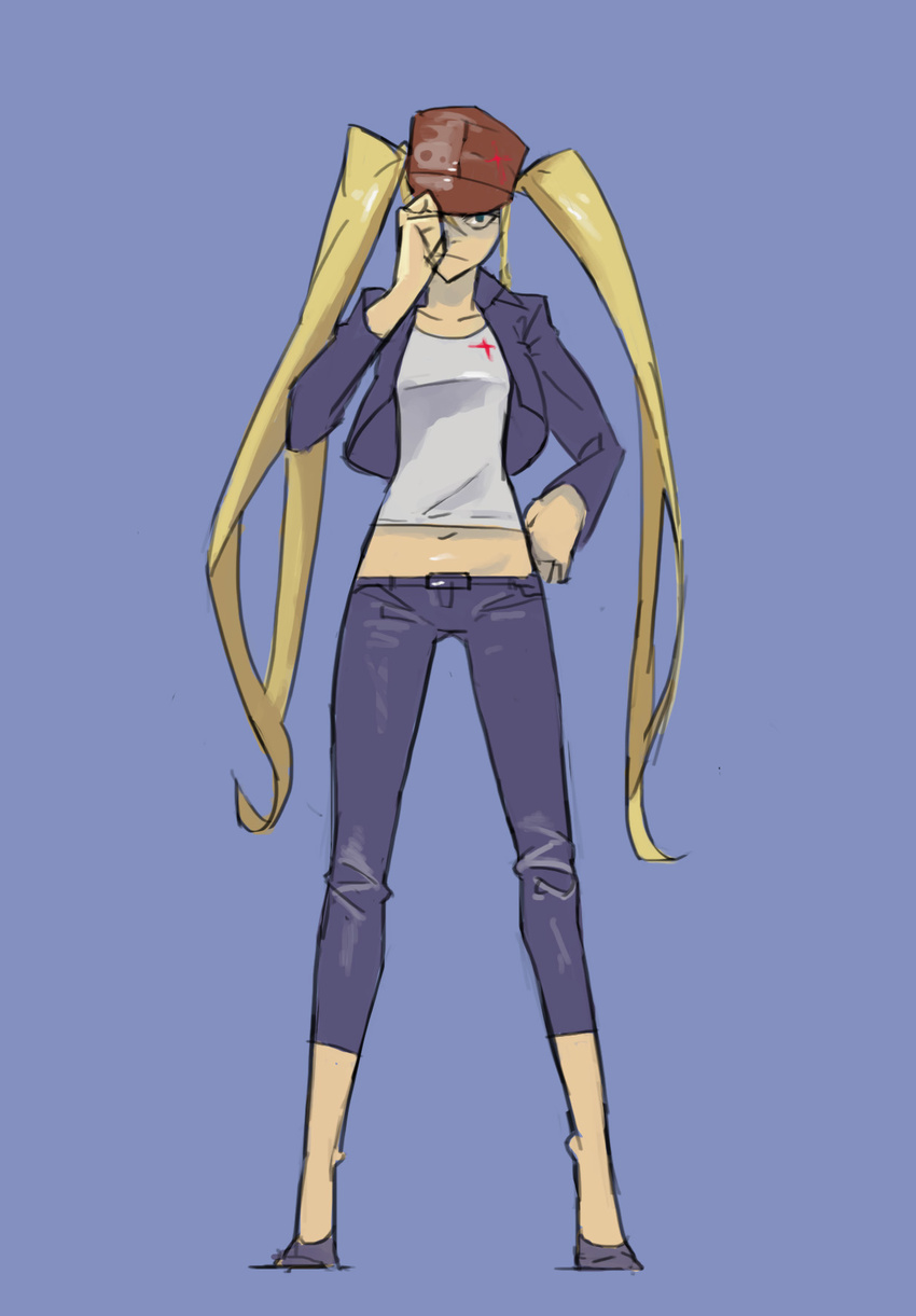 alternate_costume bad_id bad_pixiv_id baseball_cap blonde_hair blue_background blue_eyes capri_pants casual cropped_jacket flat_chest hakodate_omiko hat highres hirundo_rustica kill_la_kill long_hair midriff one_eye_covered pants sketch solo twintails very_long_hair