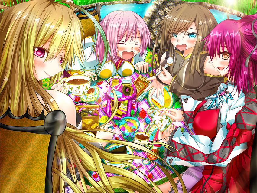 4girls aqua_eyes aqua_hair bare_shoulders blonde_hair blush book breast_press breasts brown_eyes brown_hair cake chair cheria_barnes coat detached_sleeves doughnut estellise_sidos_heurassein eyes_closed food from_behind gradient_hair hair_ribbon highres kk kkrn large_breasts long_hair looking_at_viewer milla_maxwell multicolored_hair multiple_girls open_mouth pink_hair purple_eyes ribbon short_hair short_twintails smile table tales_of_(series) tales_of_graces tales_of_the_abyss tales_of_vesperia tales_of_xillia tea tear_grants twintails