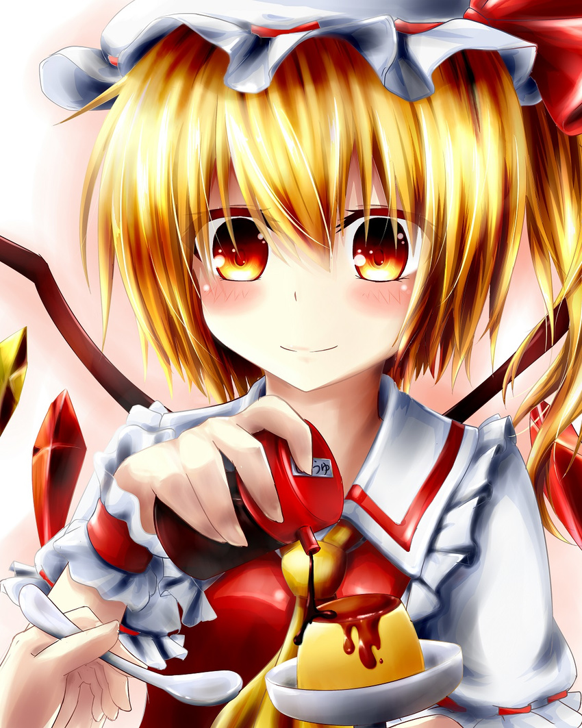 akaikonomi bad_id bad_pixiv_id blonde_hair blush colored_shadow flandre_scarlet food hat hat_ribbon highres looking_at_viewer mob_cap object_namesake pov pudding red_eyes ribbon shadow short_hair short_sleeves side_ponytail simple_background smile solo soy_sauce spoon touhou upper_body wings wrist_cuffs you're_doing_it_wrong