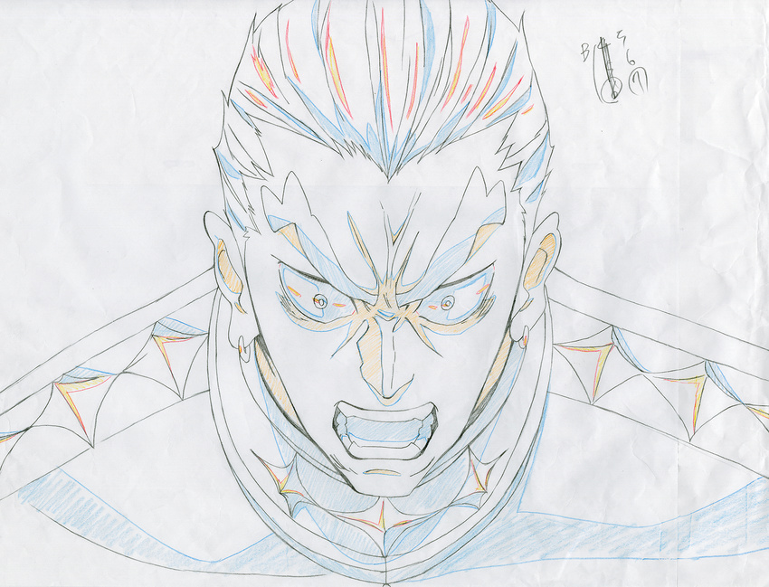 angry color_trace earrings gamagoori_ira grey_background highres jewelry key_frame kill_la_kill o_o official_art partially_colored production_art promotional_art shoulder_pads simple_background sketch trigger_(company) uniform upper_body white_background