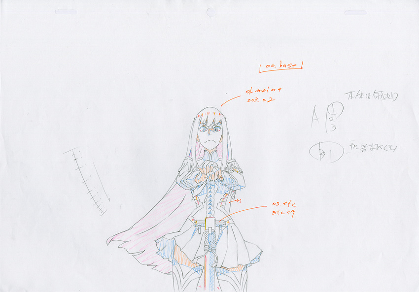 armor armored_dress boots cape color_trace commentary dress highres katana key_frame kill_la_kill kiryuuin_satsuki official_art partially_colored production_art promotional_art sailor_dress school_uniform simple_background sketch skirt solo sword thigh_boots thighhighs trigger_(company) uniform weapon white_background