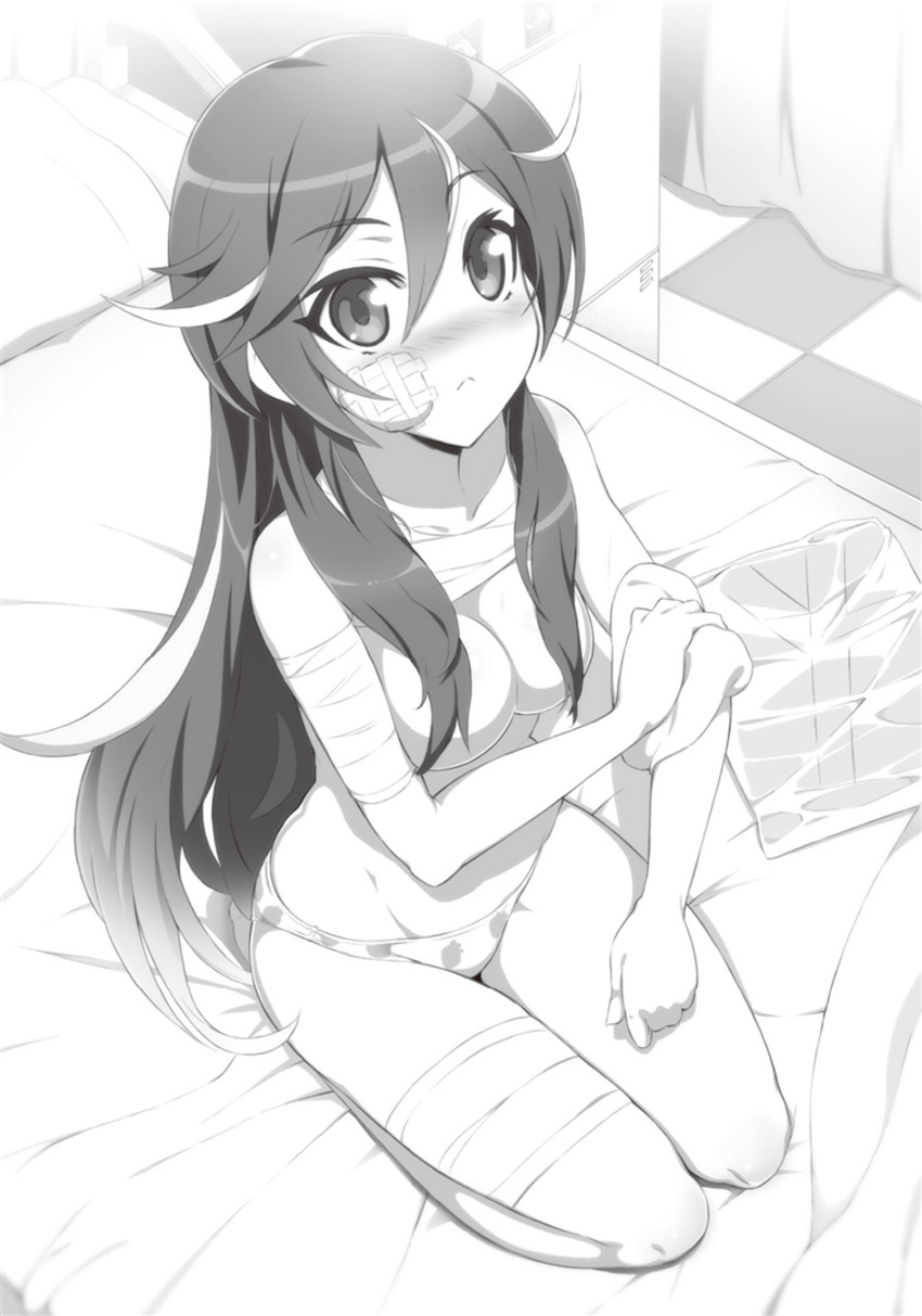 1girl bandage bed_sheet blush character_request checkered checkered_floor collarbone eyebrows_visible_through_hair full_body groin hair_between_eyes highlights highres hundred indoors kneeling long_hair looking_up monochrome multicolored_hair novel_illustration official_art ookuma_(nitroplus) panties pillow print_panties solo topless underwear very_long_hair