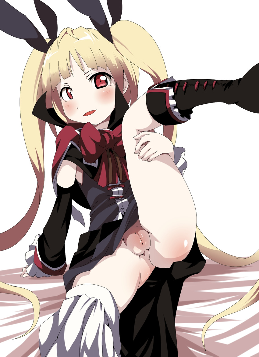 1girl arc_system_works blazblue blonde_hair blush diabolic-mario dress hair_ornament hair_ribbon pussy rachel_alucard red_eyes ribbon solo spread