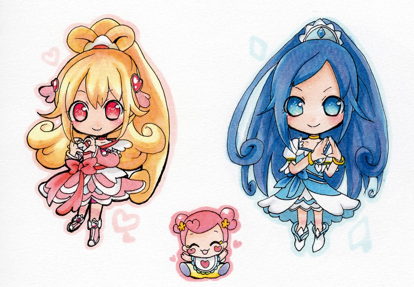 ai-chan_(dokidoki!_precure) aida_mana baby blonde_hair blue_bow blue_eyes blue_hair blush bow chibi chii_(cheris) closed_eyes colored_pencil_(medium) cure_diamond cure_heart diamond_hands dokidoki!_precure heart heart_hands highres hishikawa_rikka marker_(medium) millipen_(medium) multiple_girls pink_bow pink_eyes pink_sleeves precure simple_background smile traditional_media