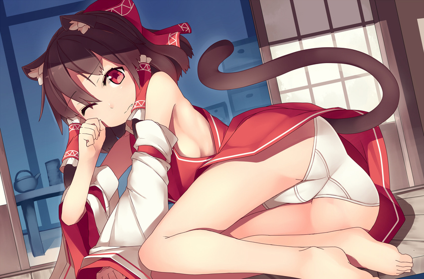 animal_ears ass bare_legs bare_shoulders barefoot bow breasts brown_hair cat_ears cat_tail detached_sleeves fang hair_bow hair_tubes hakurei_reimu looking_at_viewer lying medium_breasts mikan_(bananoha) no_bra one_eye_closed panties pantyshot pantyshot_(lying) red_eyes red_skirt rubbing_eyes sideboob sitting skirt solo table tail teapot touhou underwear upskirt waking_up white_panties wide_sleeves