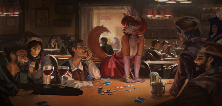 alcohol anthro beard beer beer_mug beverage black_hair bottle bracelet canid canine card chest_tuft clothed clothing dress facial_hair female furstang group hair hat human inside jewelry leaning leaning_forward male mammal mustache poker_chip raised_tail red_hair sitting standing table tuft wine wine_glass