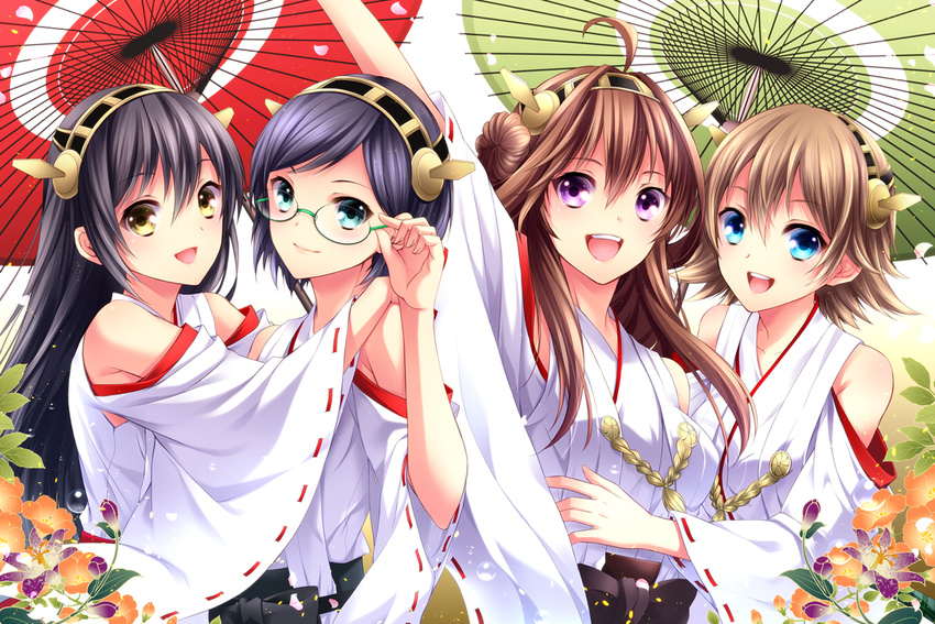 aqua_eyes black_hair blue_eyes brown_hair glasses haruna_(kancolle) hiei_(kancolle) japanese_clothes kantai_collection kirishima_(kancolle) kongou_(kancolle) miko petals purple_eyes ringo_ame umbrella yellow_eyes