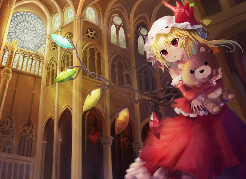 adapted_costume arcade_(architecture) bad_id bad_pixiv_id bare_shoulders blonde_hair detached_sleeves doll_hug dress flandre_scarlet hat hat_ribbon highres mob_cap open_mouth pointy_ears red_dress red_eyes ribbon side_ponytail solo stained_glass stuffed_animal stuffed_toy sxbzero teddy_bear touhou wings