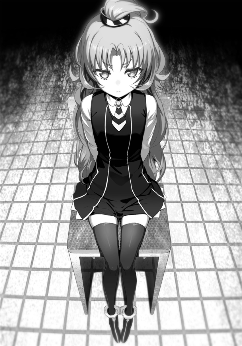 1girl arms_behind_back character_request dress full_body greyscale highres hundred long_hair monochrome necktie novel_illustration official_art one_side_up ookuma_(nitroplus) pinafore_dress pleated_dress shiny shiny_hair shirt short_dress short_necktie sitting sleeveless sleeveless_dress solo striped striped_neckwear thighhighs tied_hair very_long_hair zettai_ryouiki