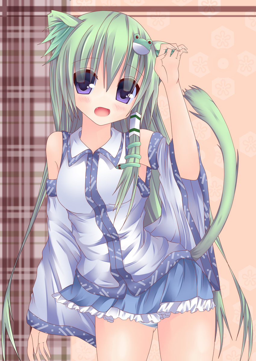 absurdres animal_ears bad_id bad_pixiv_id blue_eyes blush breasts cat_ears cat_tail detached_sleeves fang frog_hair_ornament green_hair hair_ornament highres kaiba-san_@kc kemonomimi_mode kochiya_sanae long_hair medium_breasts open_mouth panties smile snake_hair_ornament solo striped striped_panties tail touhou underwear