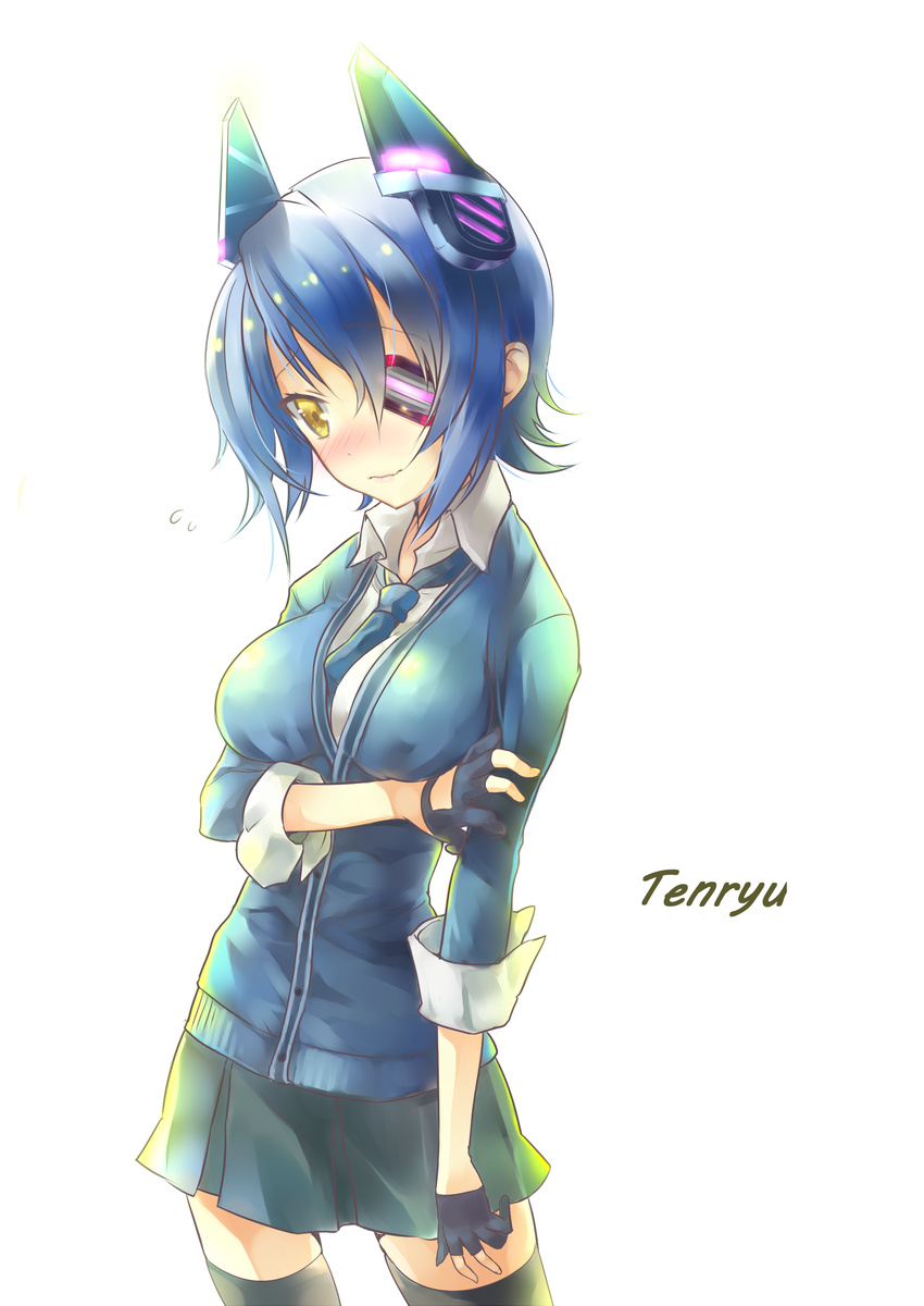 absurdres bad_id bad_pixiv_id blush breasts cardigan character_name english eyepatch fingerless_gloves gloves headgear highres kantai_collection large_breasts maryquant necktie purple_hair school_uniform short_hair solo tenryuu_(kantai_collection) thighhighs wavy_mouth yellow_eyes zettai_ryouiki