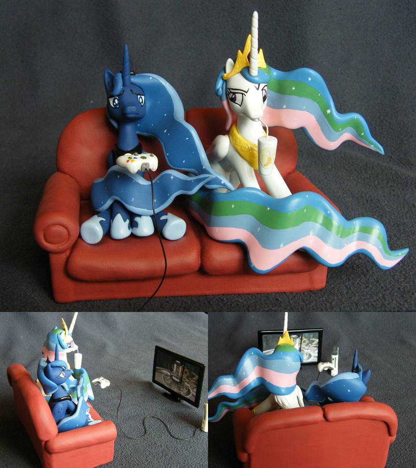 blue_eyes controller crown duo equine female figurine friendship_is_magic hair horn horse mammal microsoft multi-colored_hair my_little_pony pony portal portal_(series) princess_celestia_(mlp) princess_luna_(mlp) prototypespacemonkey purple_eyes sibling television tiara two_best_friends_play two_best_sisters_play two_tone_hair valve winged_unicorn wings xbox xbox_360