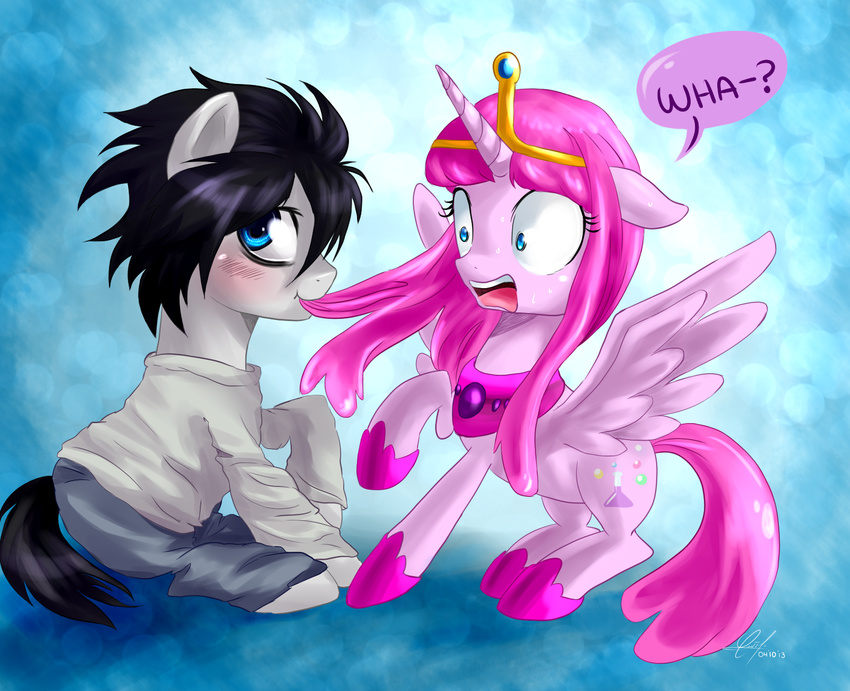 adventure_time black_hair blue_eyes clothing crossover death_note equine female friendship_is_magic hair horn horse l l_lawliet male mammal my_little_pony open_mouth ponification pony princess_bubblegum shocked sweat tiara winged_unicorn wings zorbitas