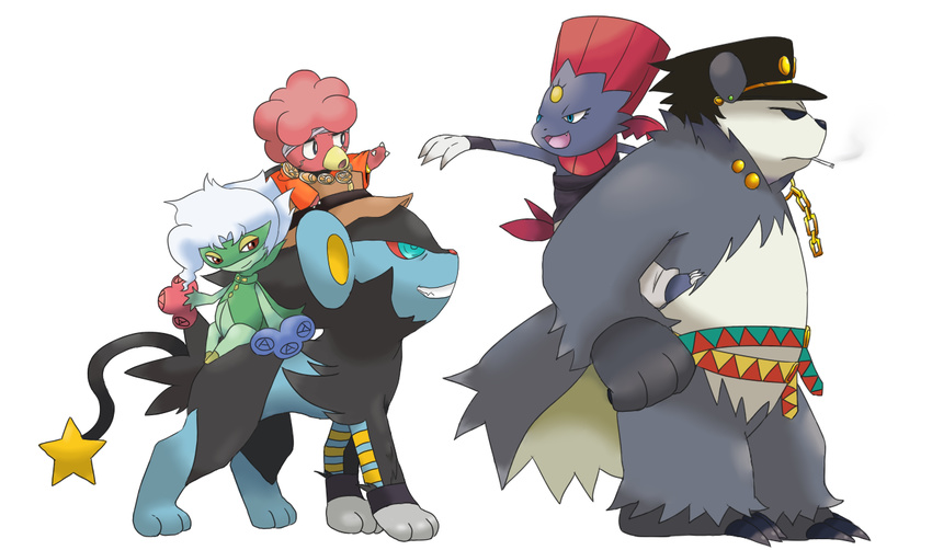 cigarette fusion gen_2_pokemon gen_4_pokemon gen_6_pokemon hat jean_pierre_polnareff jojo_no_kimyou_na_bouken joseph_joestar kakyouin_noriaki kuujou_joutarou luxray magby mkmknstyny01 mohammed_avdol no_humans pangoro pokemon pokemon_(creature) roserade weavile