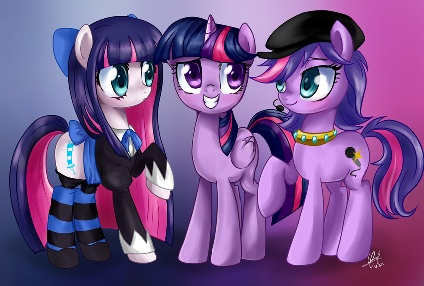 beret bow_tie clothing collar crossover cutie_mark equine female friendship_is_magic gothic_lolita green_eyes group hair hat headset horn horse legwear littlest_pet_shop mammal my_little_pony navel panty_and_stocking_with_garterbelt ponification pony purple_eyes smile stocking_(pswg) stockings twilight_sparkle_(mlp) two_tone_hair winged_unicorn wings zoe_trent zorbitas