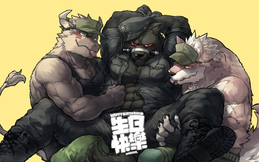 arms_above_head bandage biceps black_fur black_nose blush boots bound bovine canine cattle clothed clothing convenient_censorship face_paint fangs footwear fur gay green_eyes grey_fur group handcuffs hat holding horn japanese_text legs_up male mammal muscles muzzle_(object) muzzled open_mouth open_shirt pants pecs plain_background pose red_eyes robbw shackles shirt spread_legs spreading tank_top teeth text toned tongue topless undressing white_fur wolf yellow_background yellow_eyes