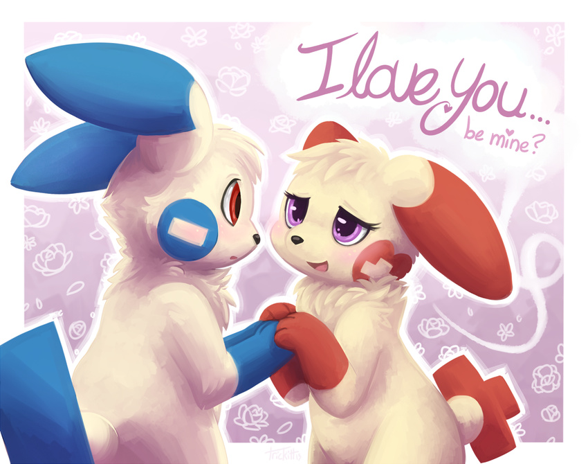 &lt;3 + 3_fingers ? anthro black_nose blue_fur cute dialog english_text eyelashes female flower fur hand_holding happy male minun mouse nintendo nude open_mouth plant plusle pok&eacute;mon purple_eyes question raised_arm red_eyes red_fur rodent smile standing tan_fur text tongue trickitt video_games