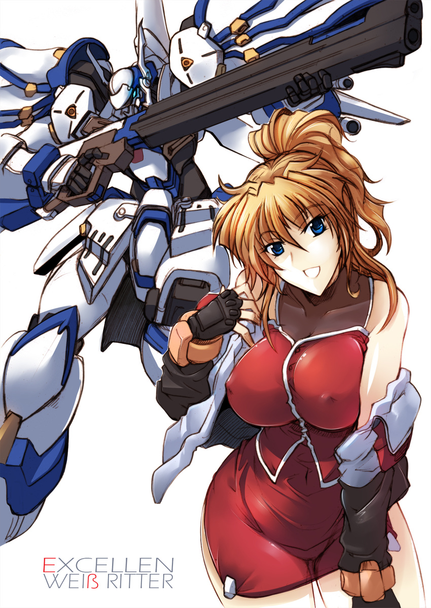 beam_gun black_gloves blonde_hair blue_eyes breasts character_name covered_navel covered_nipples excellen_browning fingerless_gloves gloves haganef highres jacket large_breasts leaning_forward long_hair looking_at_viewer mecha off_shoulder open_clothes open_jacket open_mouth ponytail simple_background super_robot_wars super_robot_wars_original_generation weissritter white_background